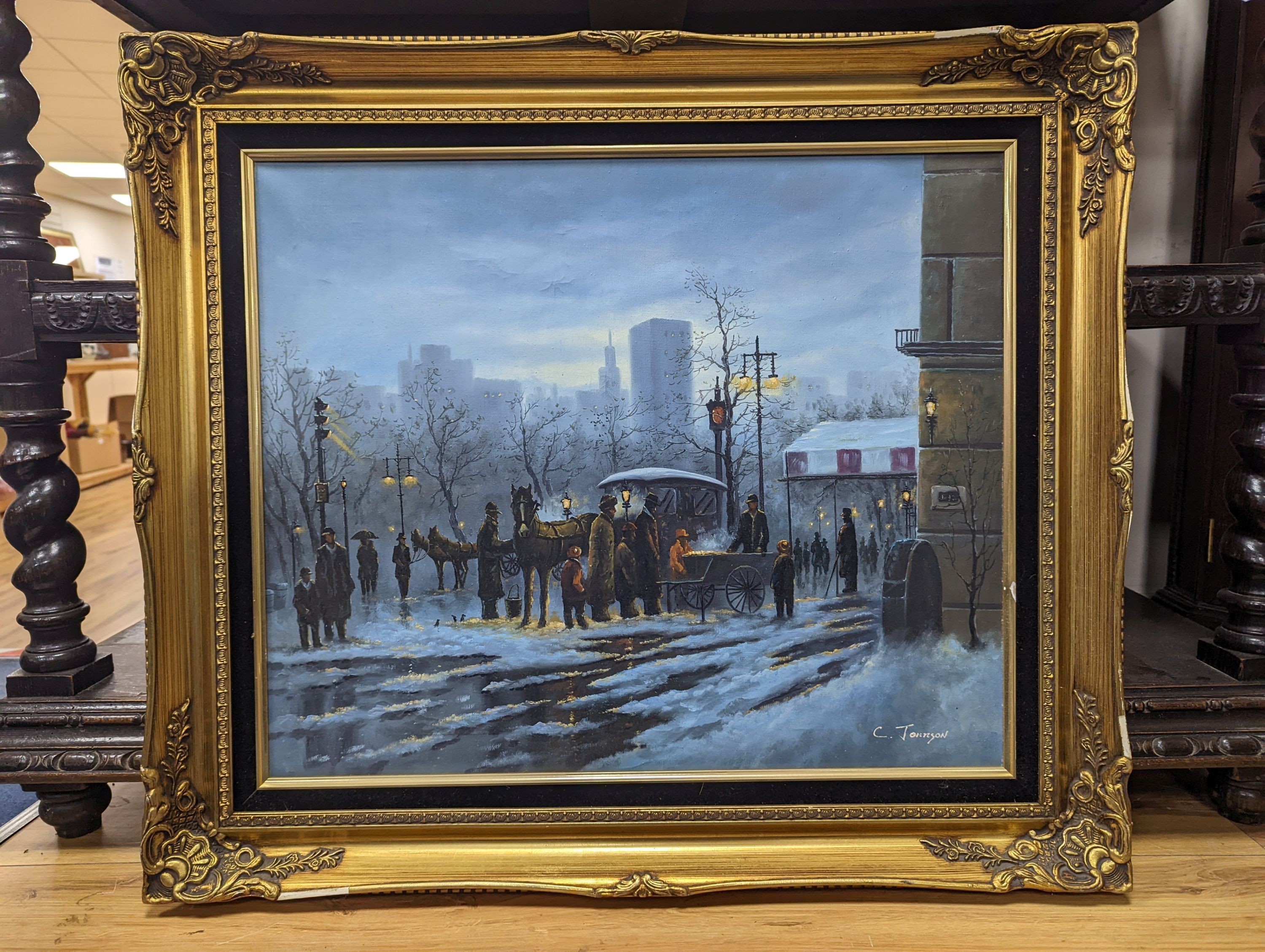 C. Jonnson - modern oil on canvas, Winter town scene, 49.5 x 59.5cm